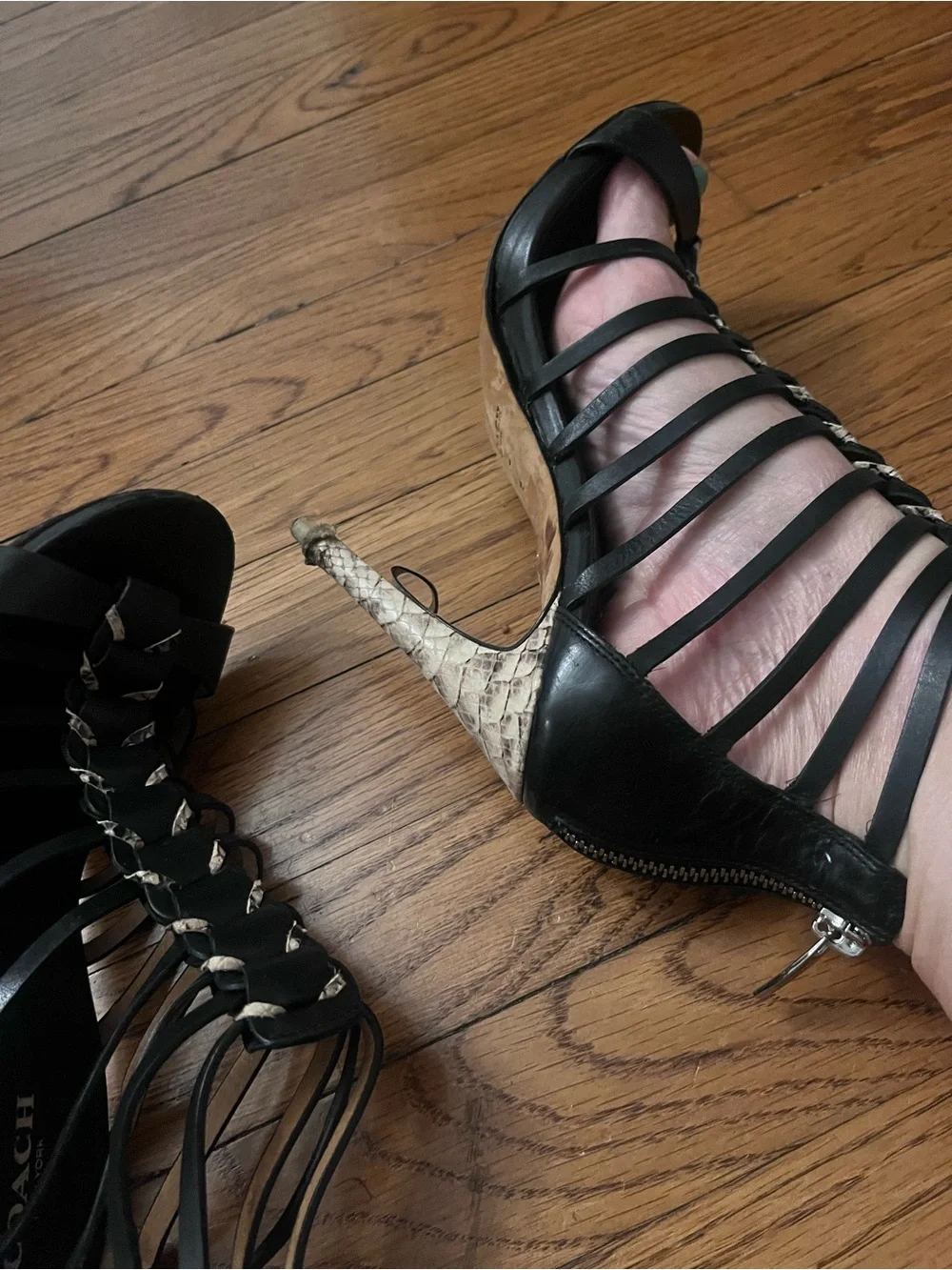 Well worn Coach Black Strappy Cage High Heel Sandals